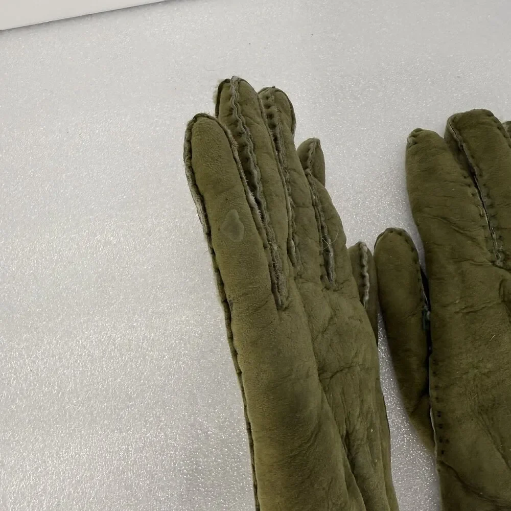 VTG Marshall Fields Gloves Mens 8.5 Green Suede Made In Italy Sherpa Lining Warm